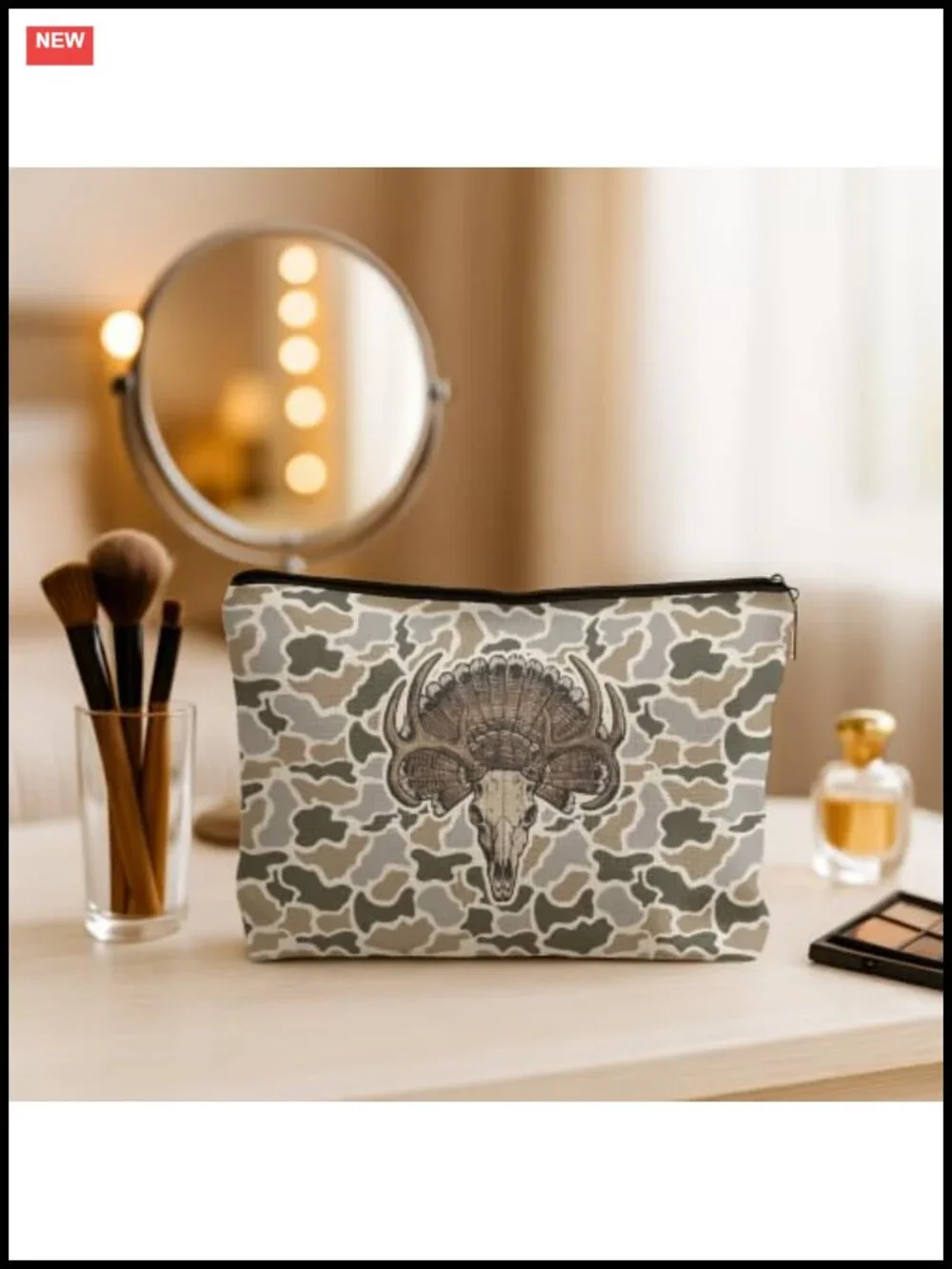 Vintage Deer Skull Camo Makeup Bag Waterproof Linen Toiletry Pouch Travel Case